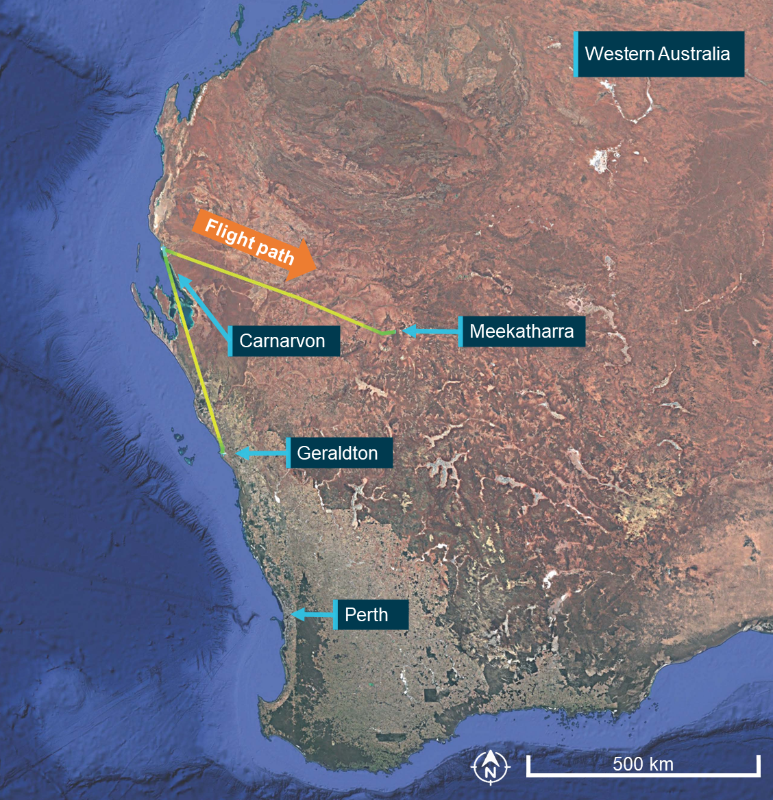 Map of Western Australia with the flight path of VH-PGO overlaid. Flight path commences in Geraldton, stops in Carnarvon and then Meekatharra. 