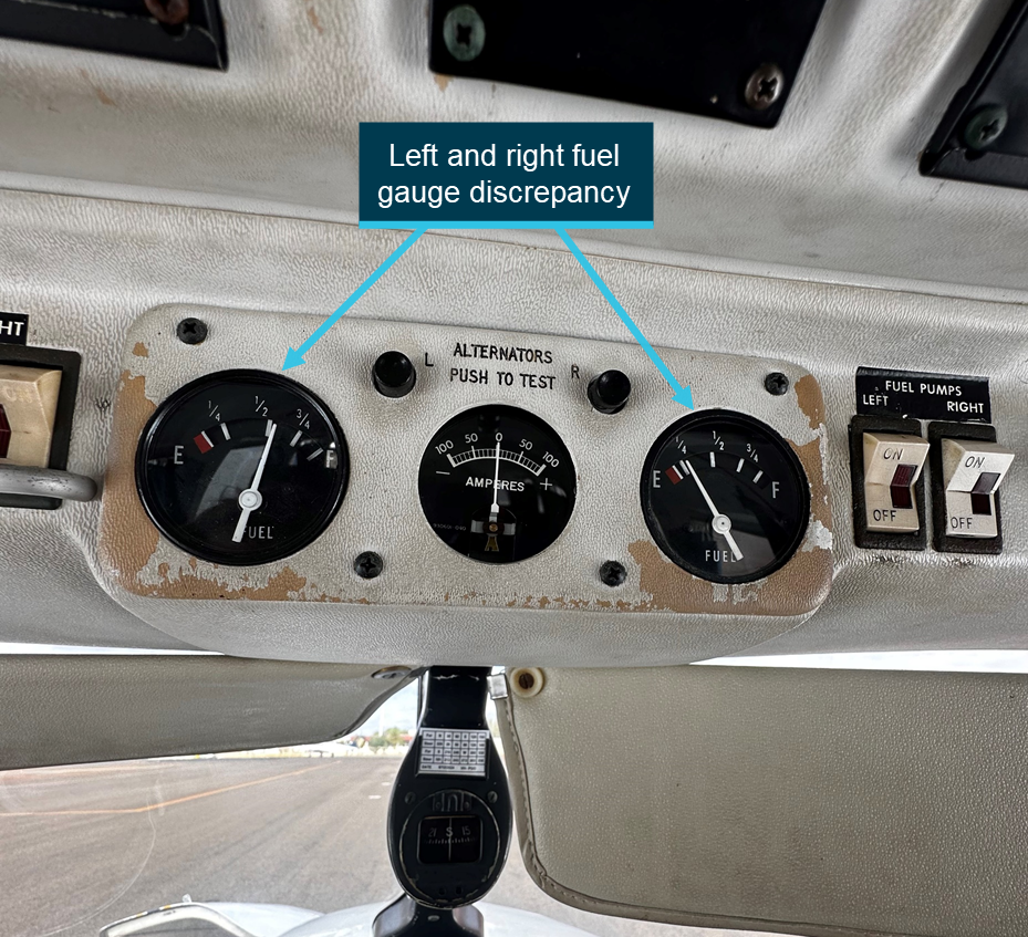 A close up of the inboard tank fuel gauges after landing showing a discrepancy between the left and right gauges