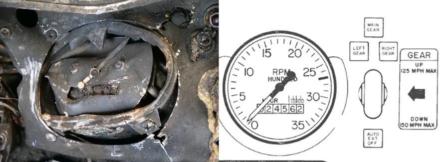 Left is an image of the burnt tachometer recovered from VH-JVA showing the needle position as found. Right is an image from the pilot's operating handbook showing the tachometer indications. 