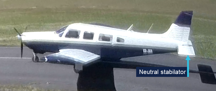 A still image from recorded video of the aircraft taxiing before the accident flight. The stabilator is visible in a neutral position.