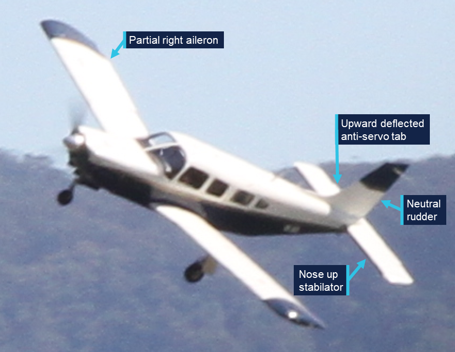 A close-up of the first of the photographs taken during the flight. The control deflections are visible and annotated.