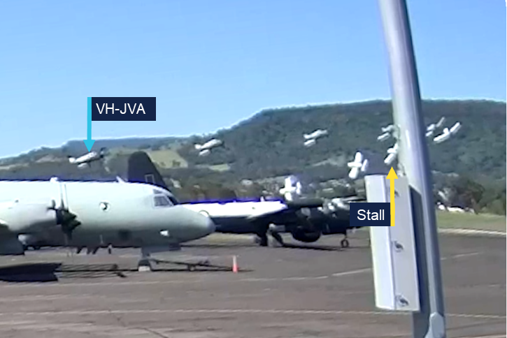 A composite still image from the recorded video of the later part of the accident flight. The image shows the left arcing flight path and stall.