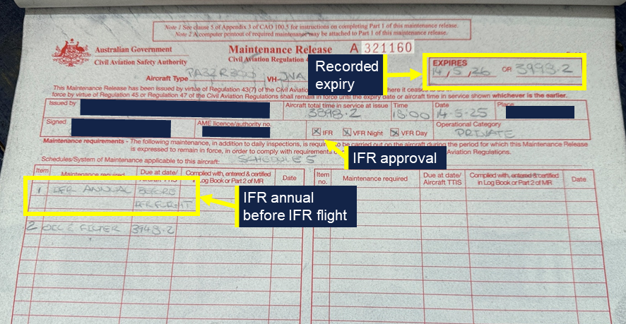 The carbon copy of the maintenance release. The expiry, IFR approval and IFR annual entry in the maintenance required section is annotated.