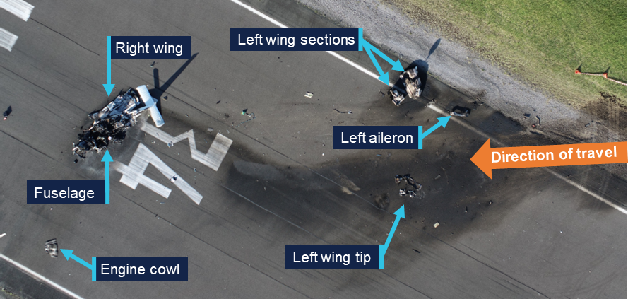 An overview of the accident site with the significant parts of the wreckage annotated.