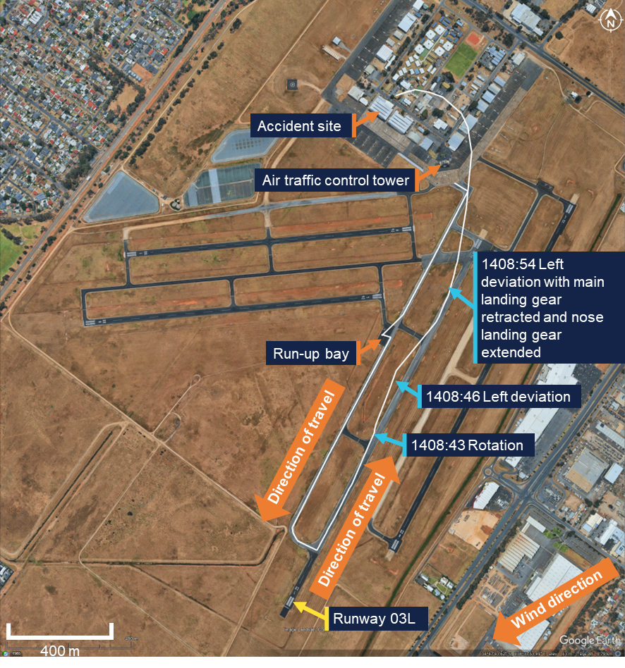 Google Earth image of Parafield Airport, with labelling added to show the flight path of the accident flight.