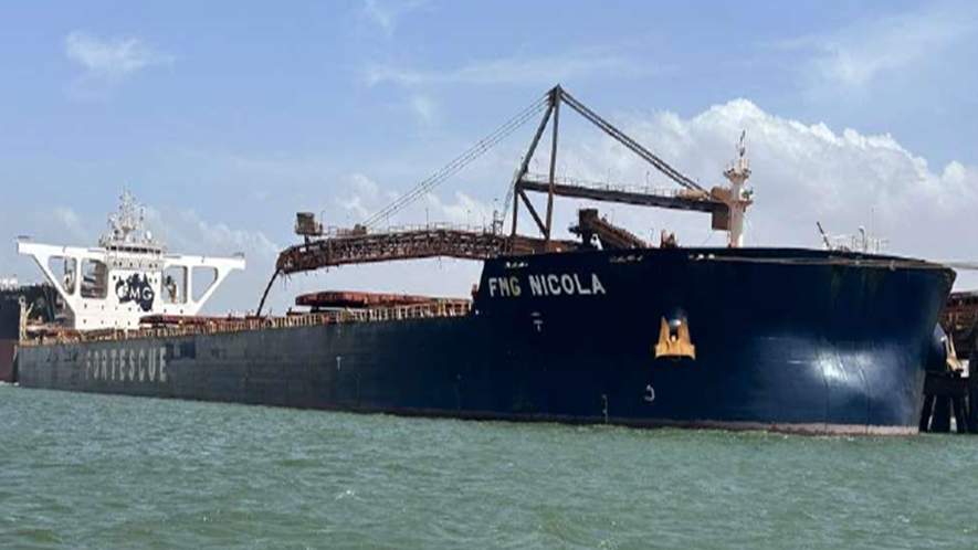 Photograph of FMG Nicola during loading (Credit: Pilbara Ports Authority)