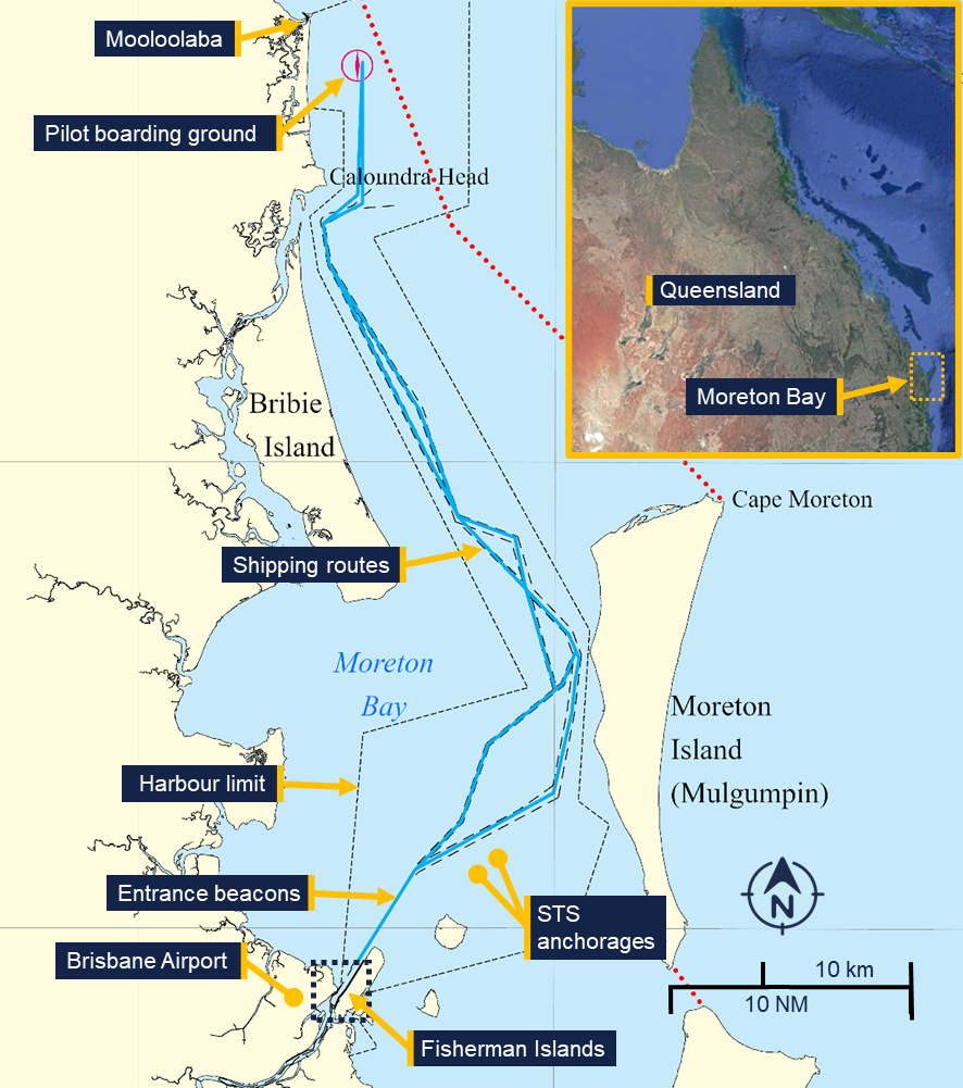Chart showing Moreton Bay from Mooloolaba to Brisbane, including Moreton Island. An insert shows the location of Moreton Bay in Queensland.  Chart includes shipping routes through the bay and marks the location of the STS anchorages and Fisherman Islands berths.