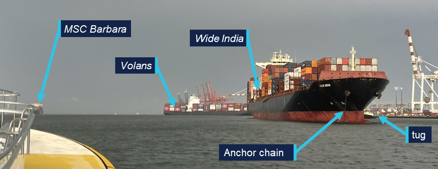 Photo taken from the pilot launch, Wide India is visible at close range on the right, with its starboard anchor chain down and a tug in close attendance on its port side. Volans is visible in the middle, laying across the channel and MSC Barbara far away to the left of the photo.
