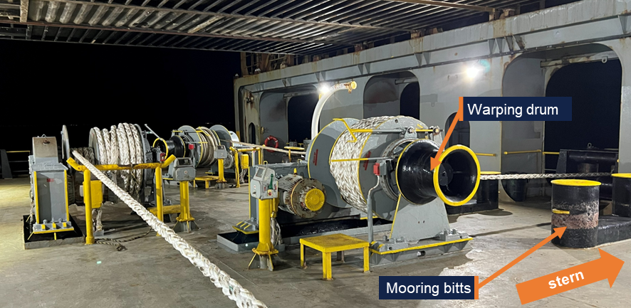 View on the aft deck of MSC Barbara, three individual single-drum winches are visible as well as one set of mooring bitts to the right.