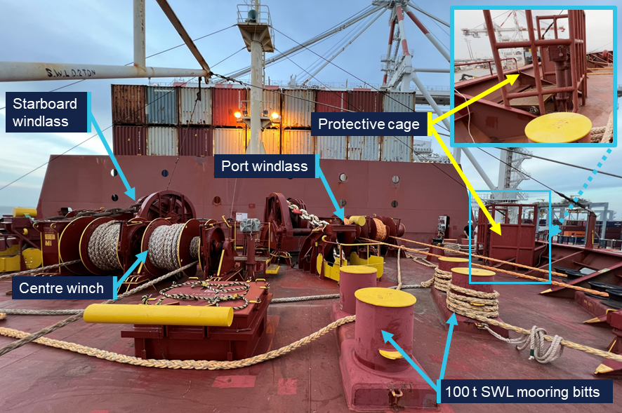Forecastle of Wide India looking aft, the port windlass and centre winch are in the middle, mooring bitts in the foreground. A protective cage for the winch control position is seen on the right of the photo.