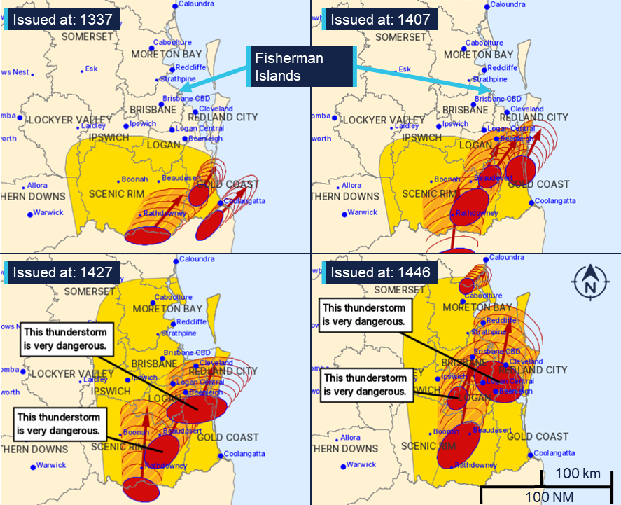 Composite image showing four BoM warning graphics issued at 1337, 1407, 1427 and 1446. All show an area from Caloundra in the north, the NSW border in the south and west to Toowoomba.  Developing storms are shown in red, moving north from the NSW border. The last two graphics have two storms marked 'this thunderstorm is very dangerous'.  The location Fisherman Islands is annotated.