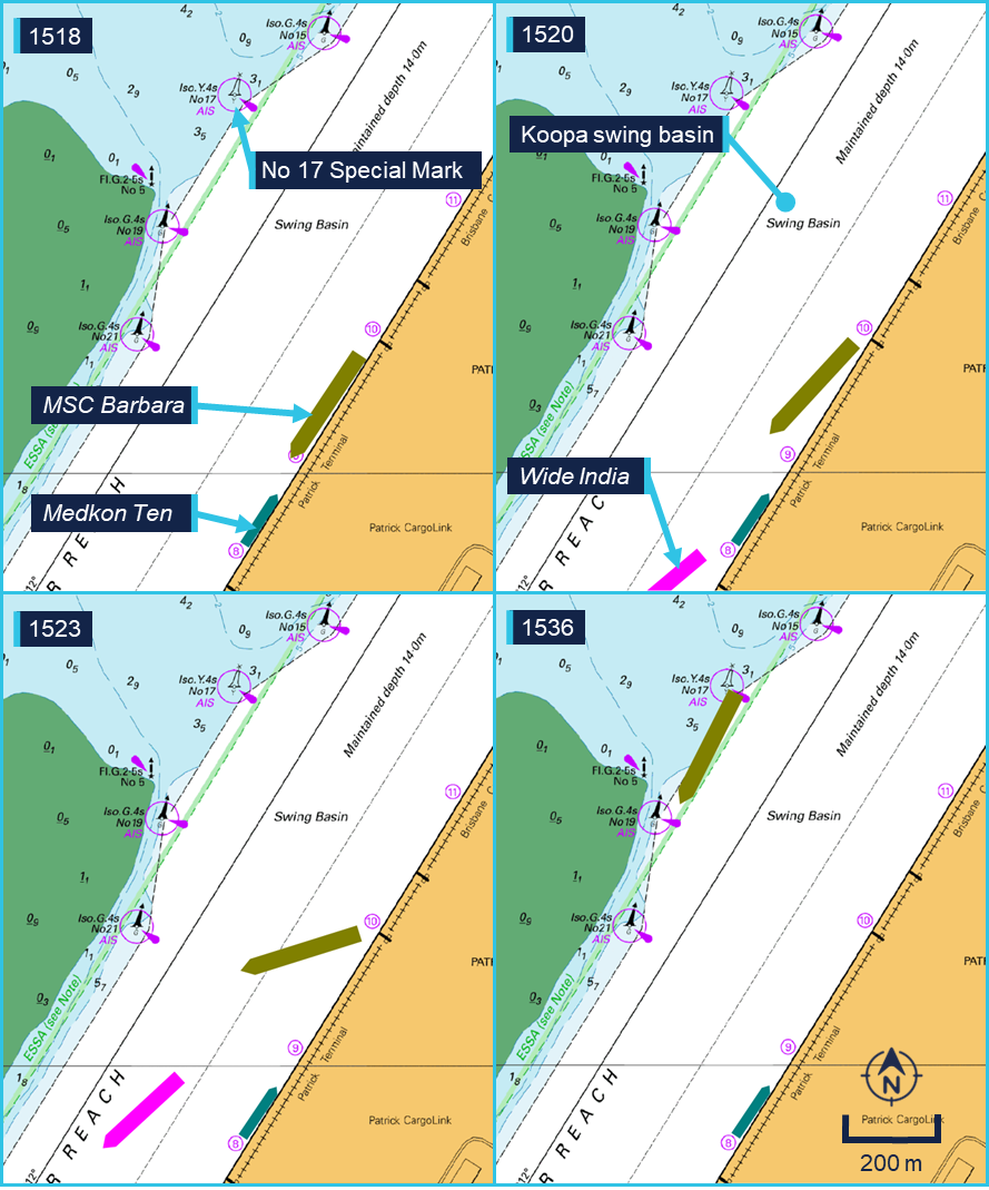 Composite image showing the position of MSC Barabara at 1518, 1520, 1523 and 1526. The ship first moves off its berth and swings to starboard, then drifts across the channel to ground near buoy 17 in the Koopa swing basin.