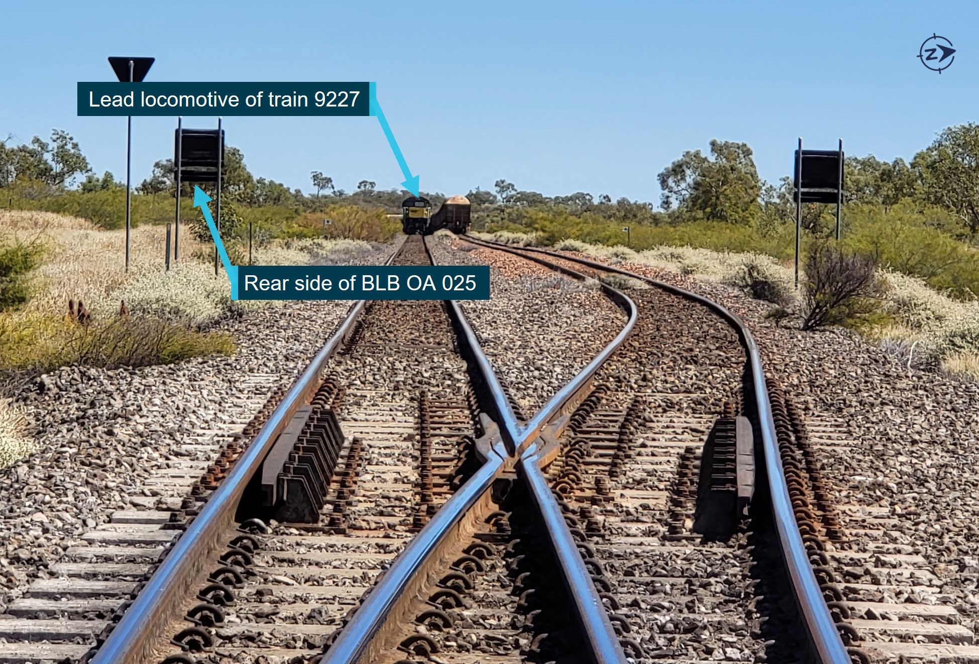 Photograph showing stopping location of the lead locomotive of train  9227 relative to the position of block limit board OA 025. 