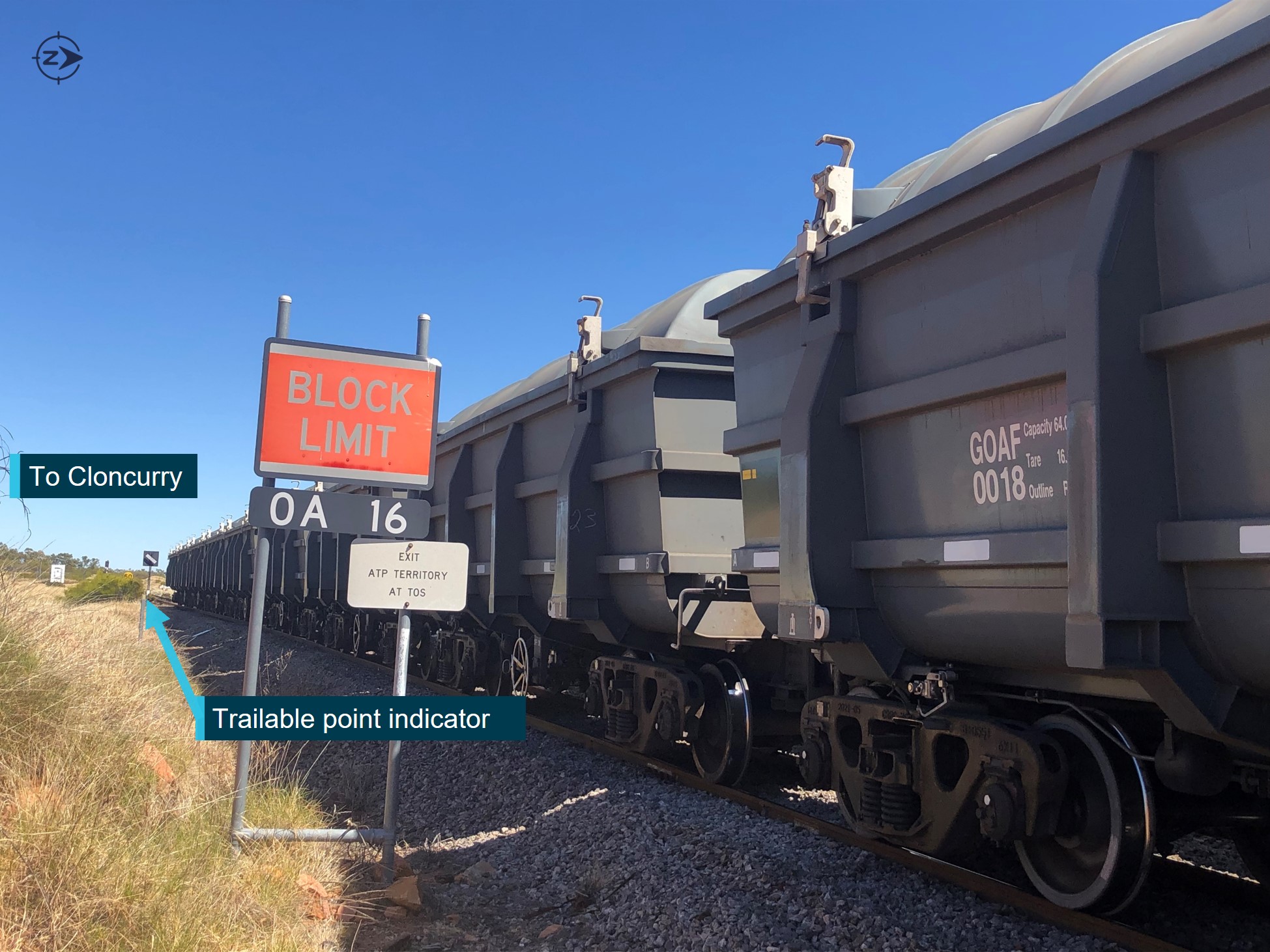 Photograph showing the stopping location of wagons of train 9227 relative to the position of block limit board OA 16.