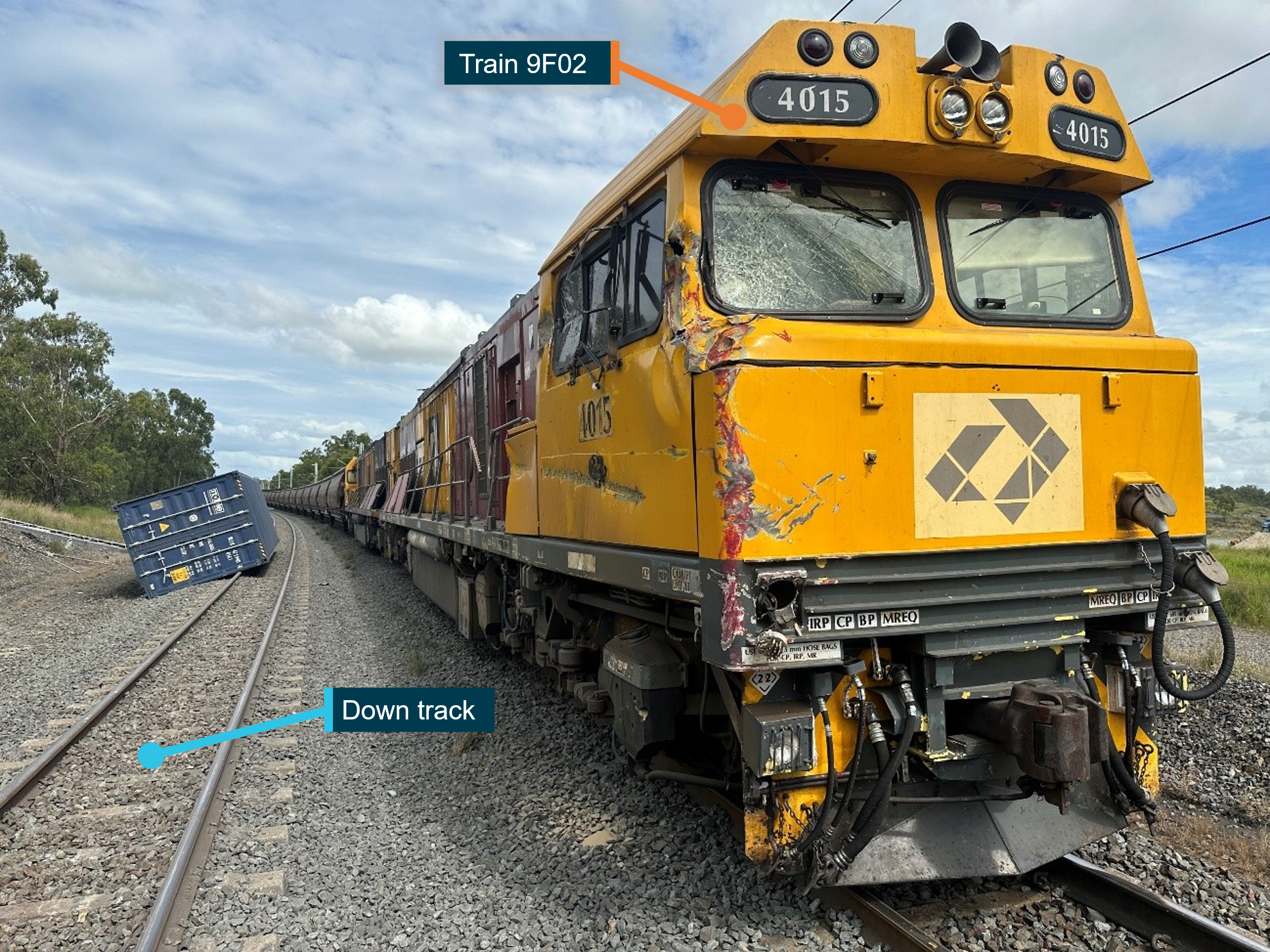Train 9F02 shown where it stopped following collision with a displaced container still attached to a wagon of train 82P7, which was fouling the up line. Train 9F02 stopped adjacent to a different container shown in the image