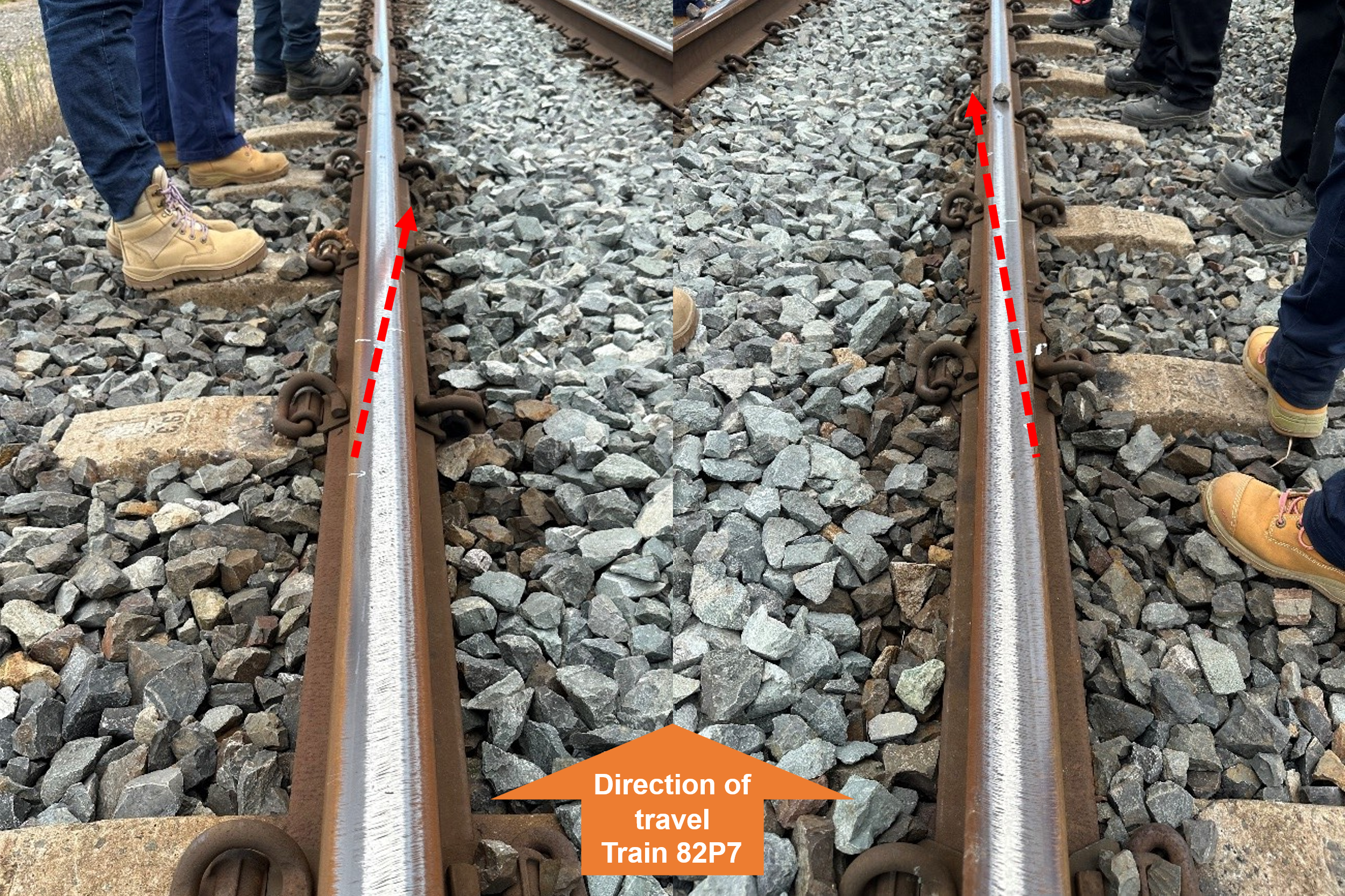 Photograph of rail with rail-wheel field side marks found on the rail head identified as a point of derailment.