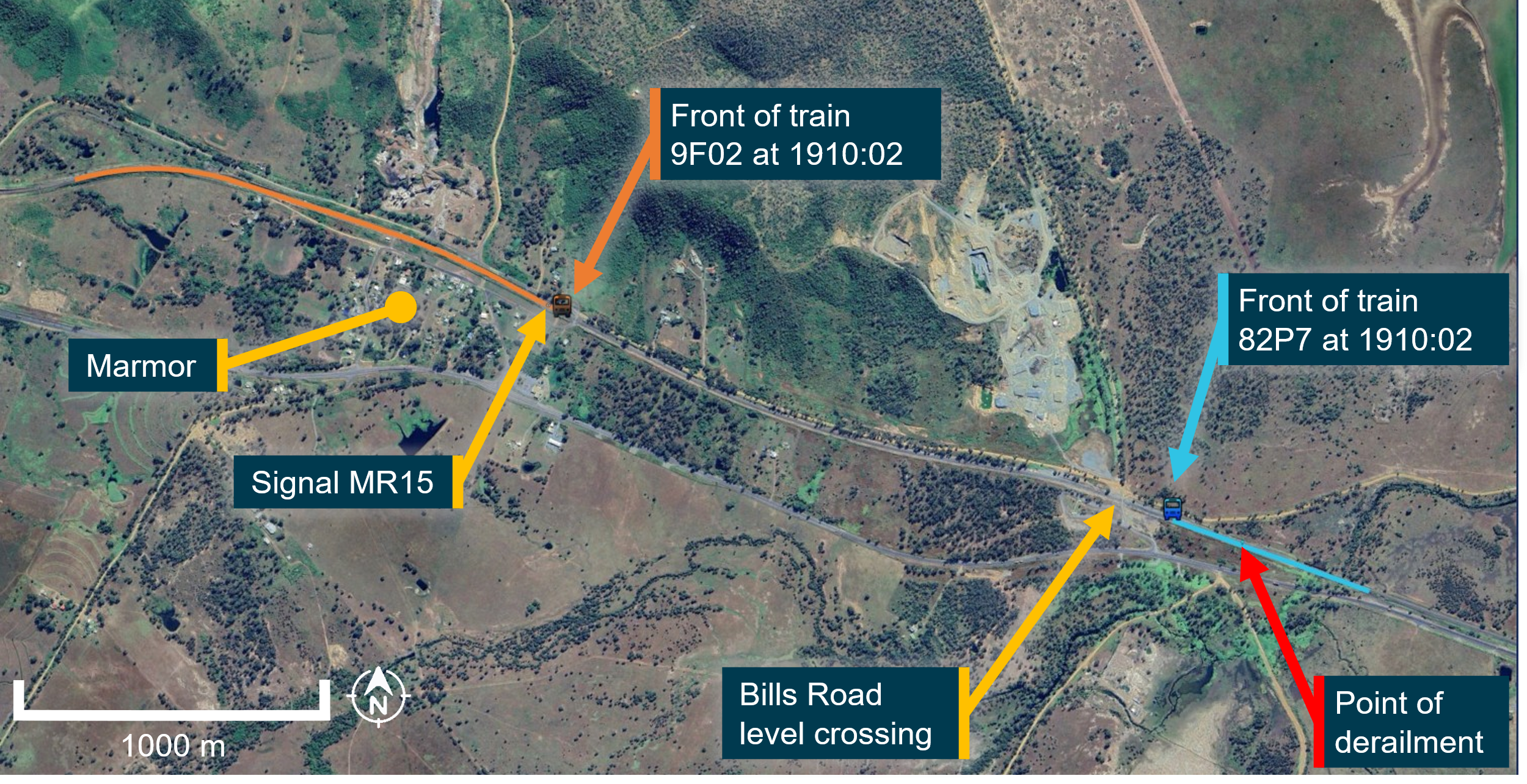 Satellite image annotated with location of train 82P7 and train 9F02 at 1910:02 when signal MR15 restored to red.