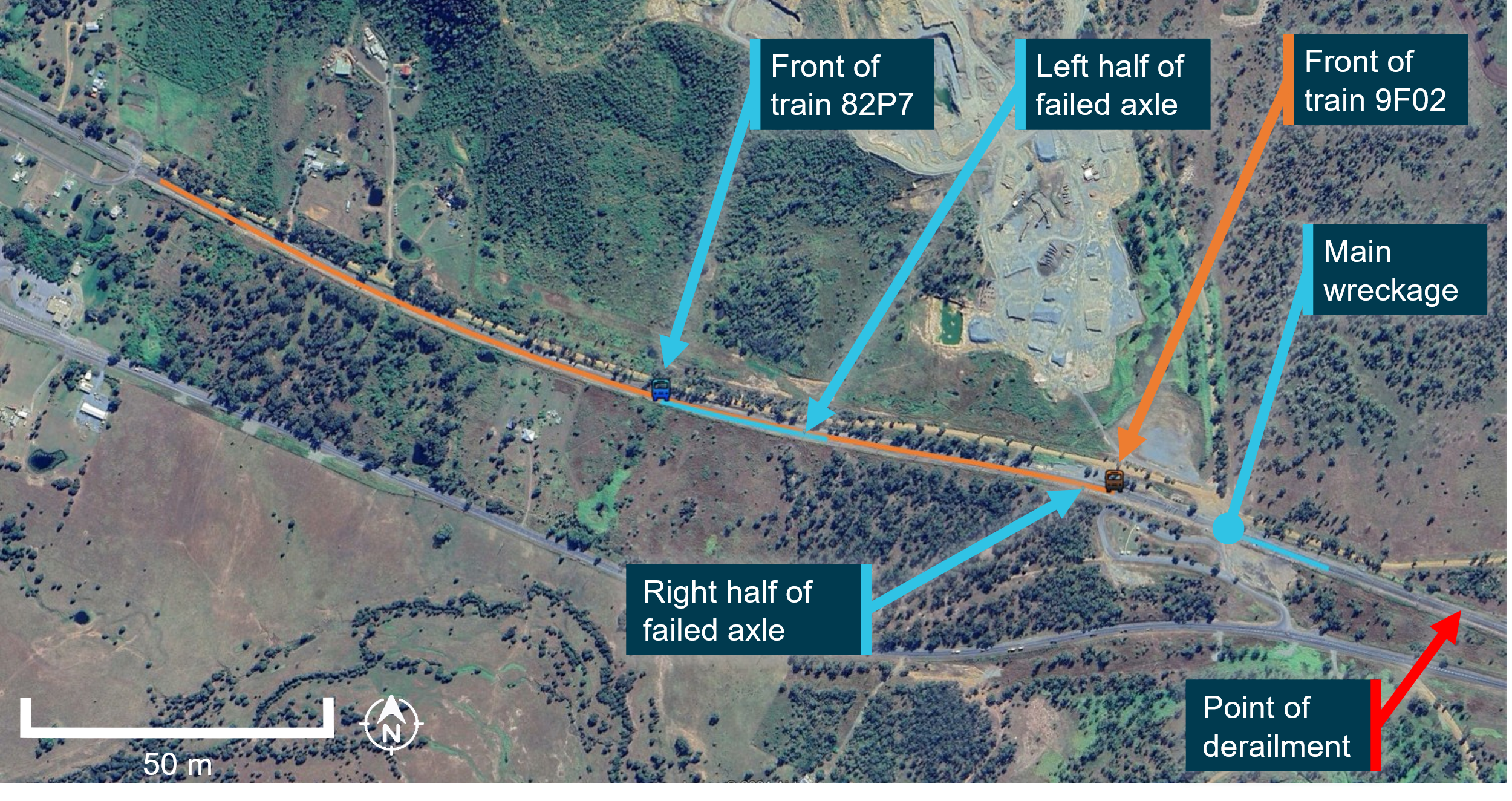 Satellite image annotated with location of train 82P7 and train 9F02 when both trains had come to a stop.