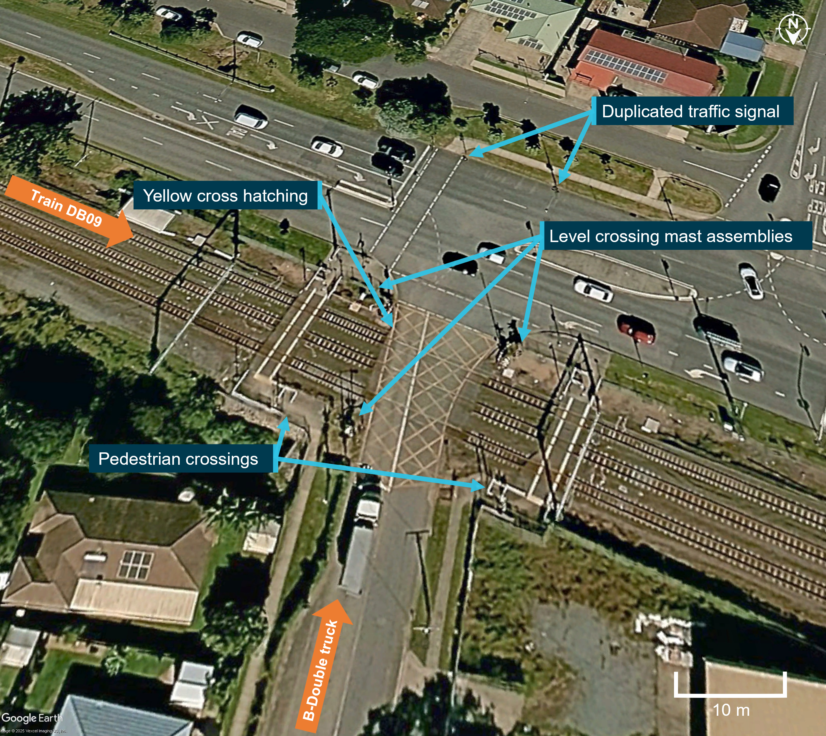 A bird's eye view of Bonemill level crossing, showing the locations of the pedestrian crossings, mast assemblies, yellow box hatching and duplicated traffic signals. 