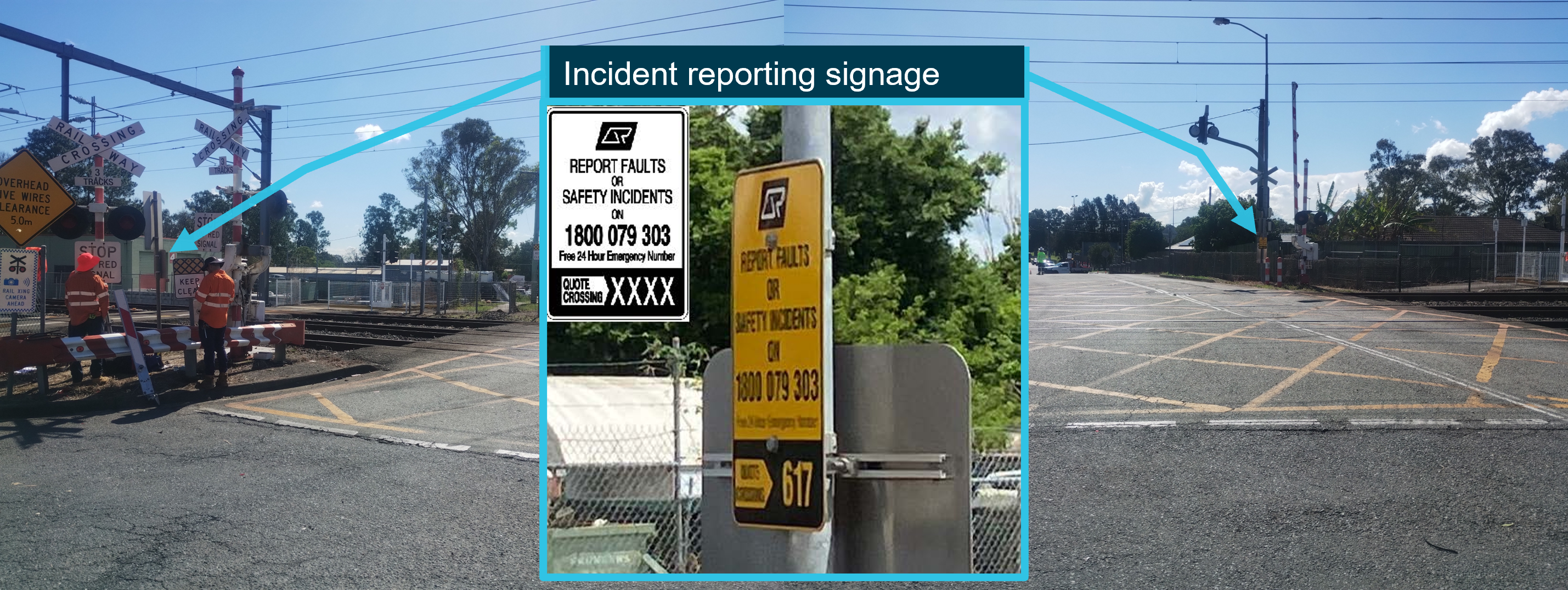 Photographs of the mast assemblies showing where the incident reporting signage is, and a zoomed in picture of what it looks like.