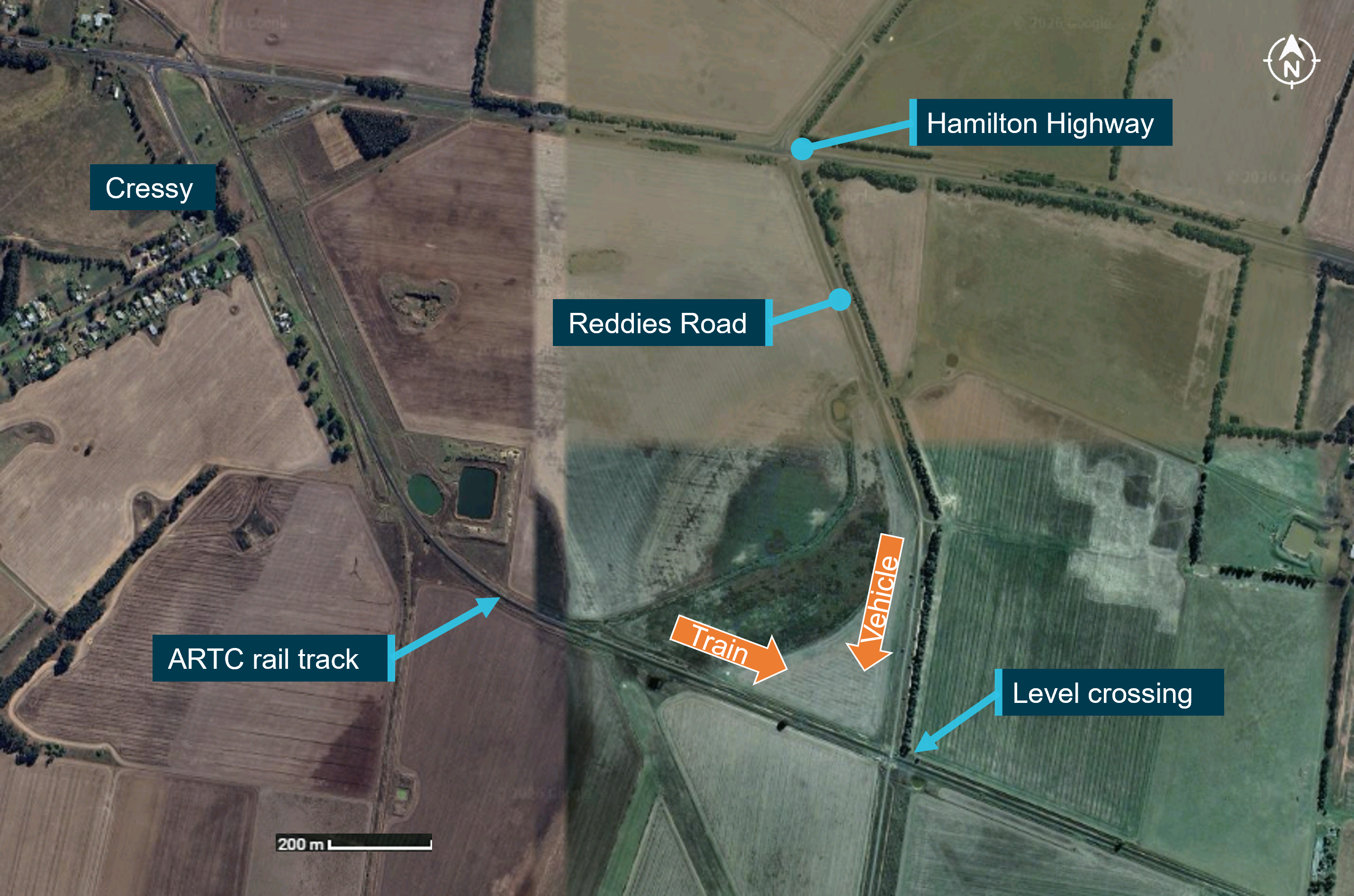 Location of Reddies Road level crossing indicating road vehicle and train approach directions.