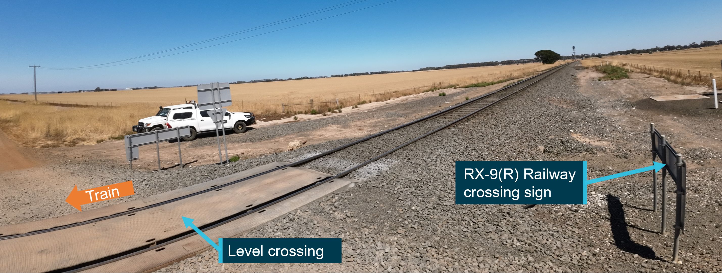 Photograph of the road vehicle approach to the crossing from the north along the unsealed road.