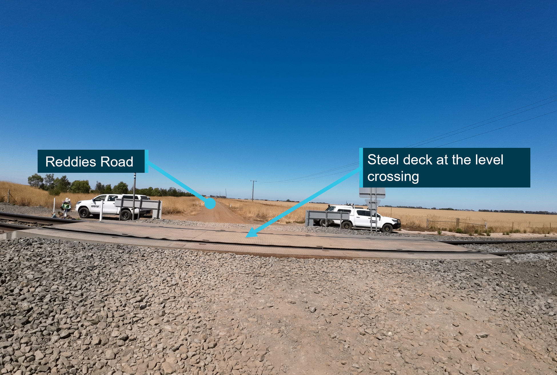 Image shows the steel deck installed at level crossing to align the road surface with the top of the rail heads.
