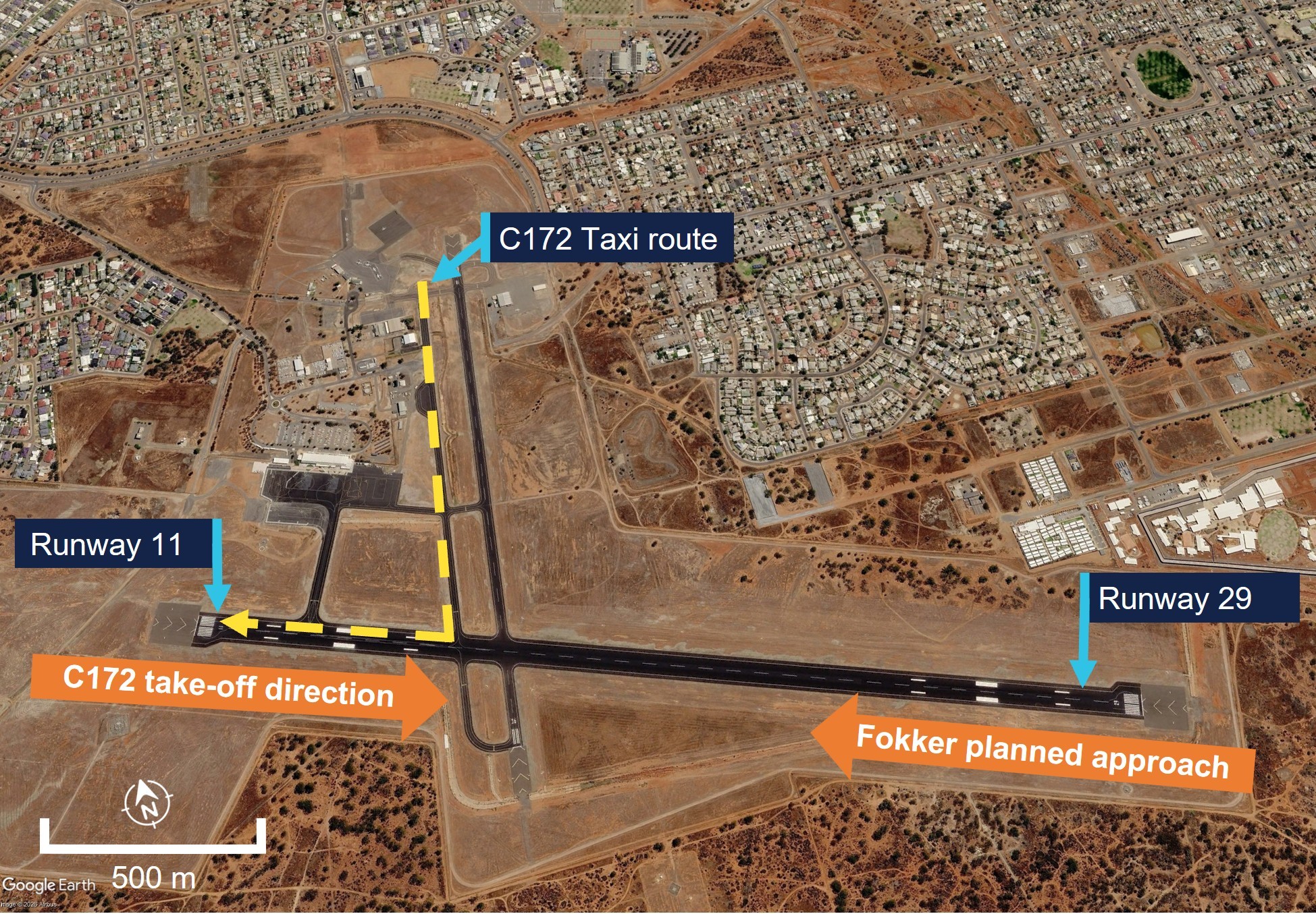 Google Earth image of Kalgoorlie-Boulder Airport depicting the taxi route of the C172 and direction of departure and the direction of the planned approach of the Fokker.