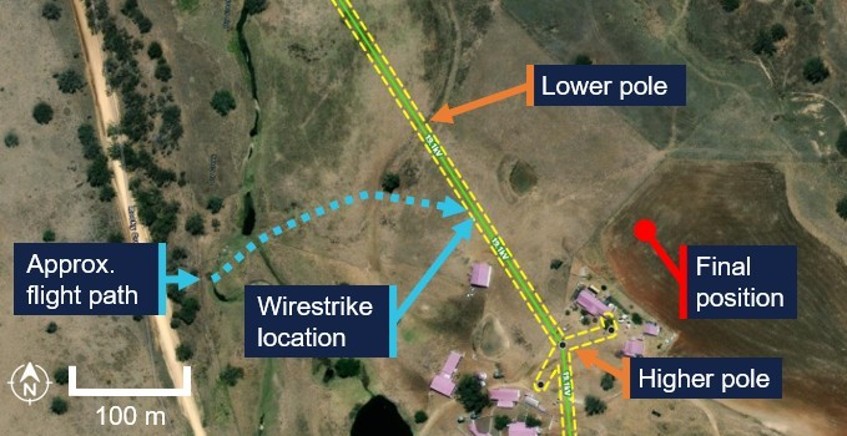 Aerial image of the area of operation with labels showing the poles and wirestrike location.