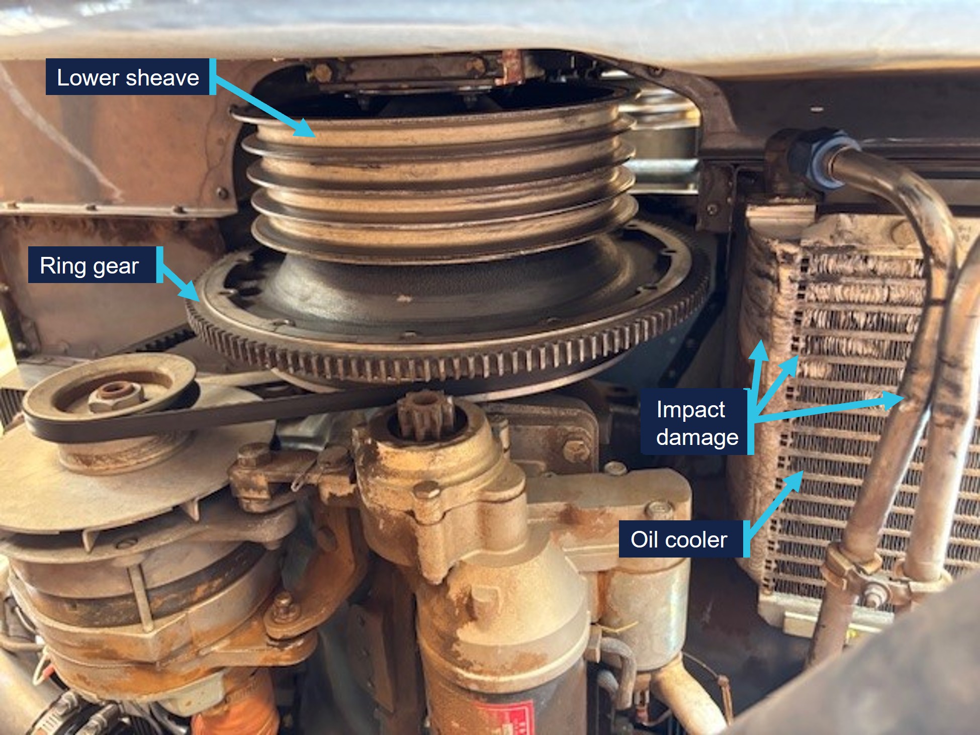 Picture shows the grooved, lower sheave, toothed ring gear and adjacent engine components. The oil cooler is on the right of the images and shows impact damage to the pipes and cooling fins.