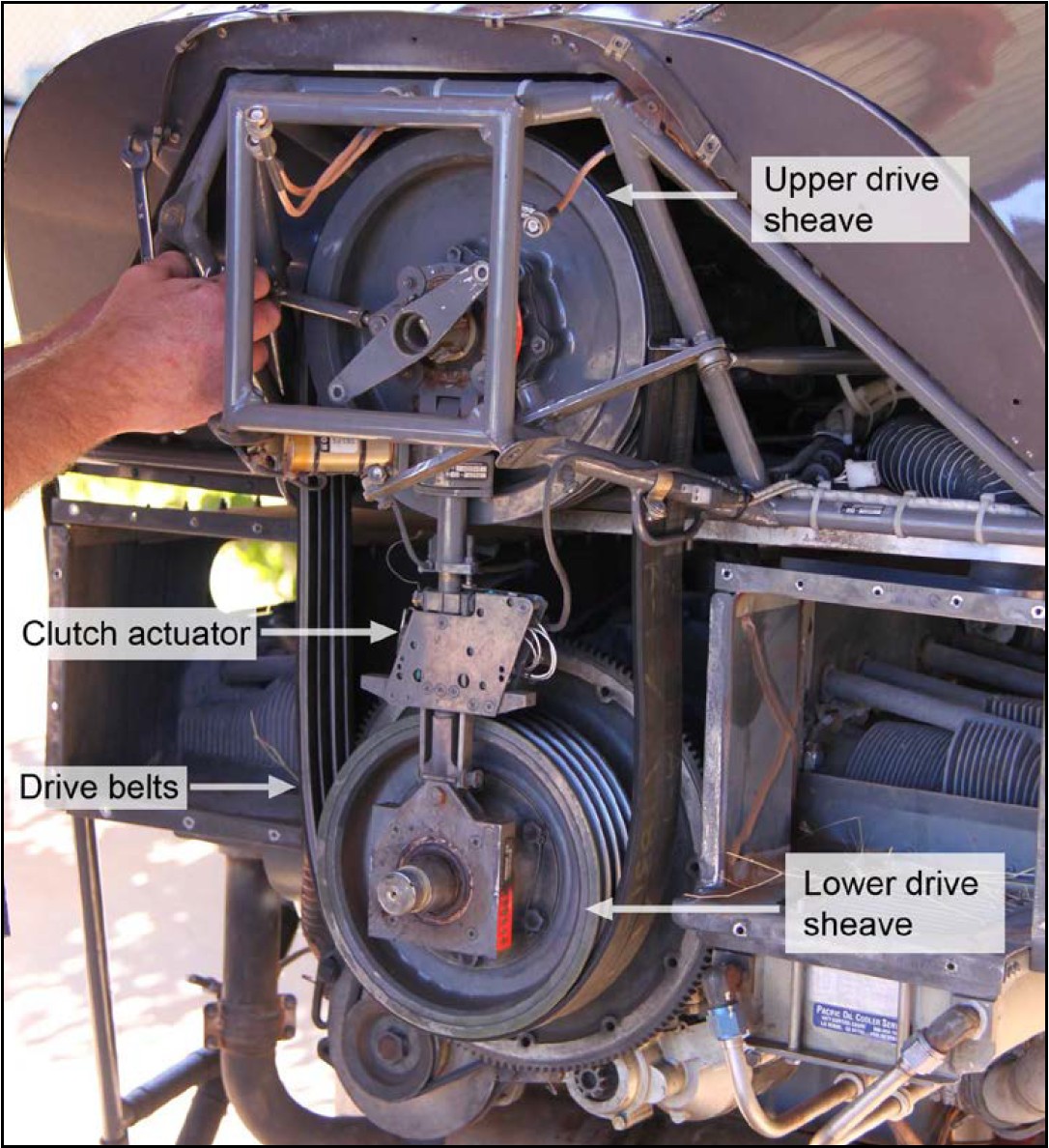 As per image title, an example of both drive sheaves and clutch actuator from an example R22. Drive belts are fitted.