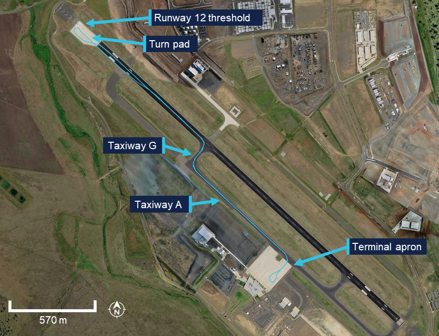 The aircraft flight path overlaid onto an overview of the Wellcamp Airport.