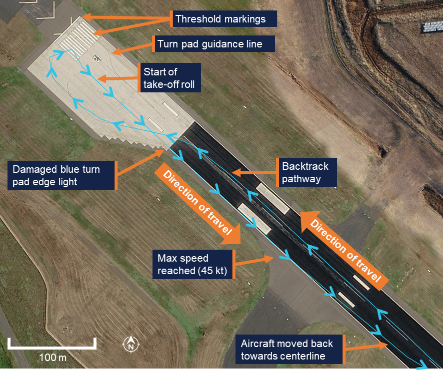 A zoomed-in view of the aircraft flight path overlaid onto an image of the runway 12 threshold at Wellcamp Airport.