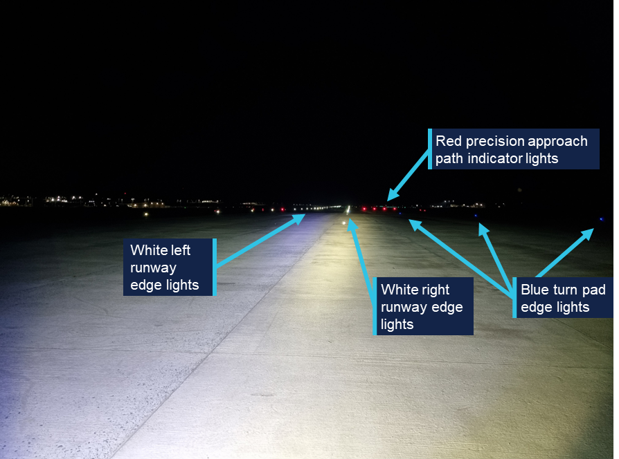 A reconstructed view of runway from the misaligned aircraft position, showing the runway edge lights and other prominent features.