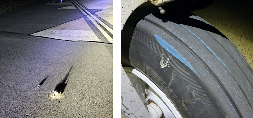 Two images, the first shows the damaged blue turn node light, and the second shows blue marks on the aircraft nose wheel.