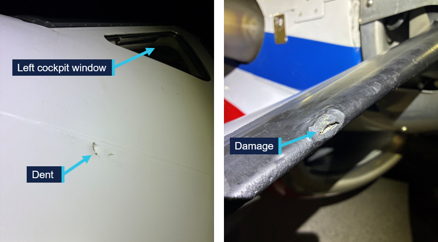 Two images, the first shows a dent on left side of the aircraft fuselage below the cockpit window and the second shows damage to one of the left propeller blades.