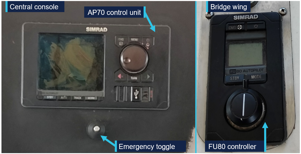 Photographs of autopilot control units and central console emergency toggle