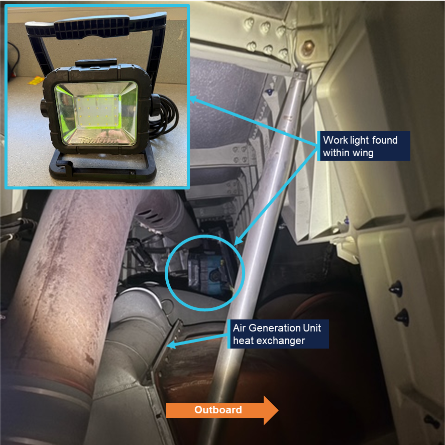 Photograph showing a work light installed within an aircraft wing near an Air Generation Unit heat exchanger, with labels and an orange arrow indicating outboard direction. An inset photo displays the portable LED work light used for illumination, featuring a black frame and yellow LED panel.