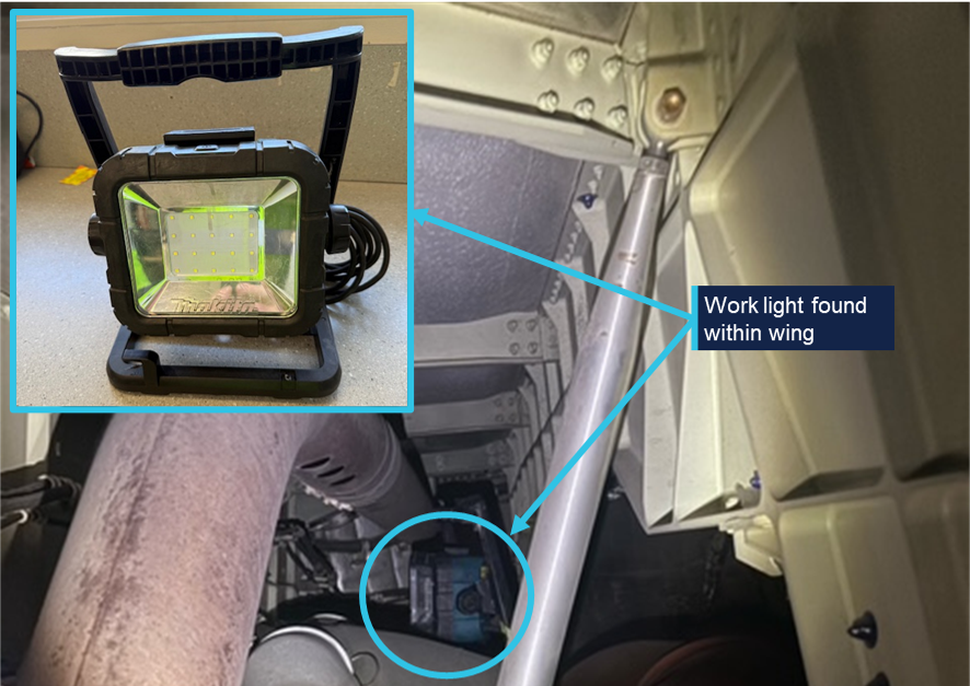 Photograph showing a work light installed within an aircraft wing near an Air Generation Unit heat exchanger, with labels and an orange arrow indicating outboard direction. An inset photo displays the portable LED work light used for illumination, featuring a black frame and yellow LED panel.