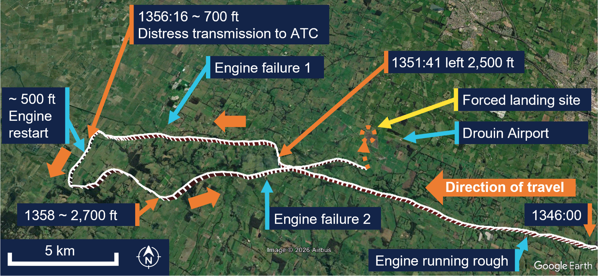 Illustration showing the flightpath from the engine initially running rough, showing the sequence of events until the forced landing.