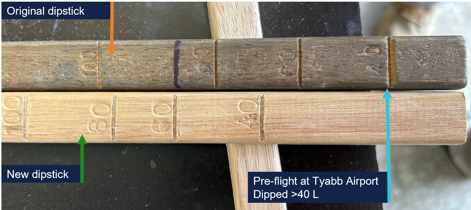Photo of the old and new dipstick side by side as a comparison. 