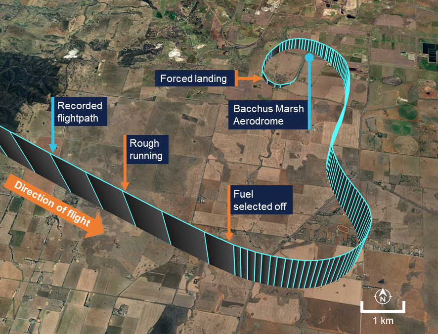 A satellite overview of the rough running and forced landing. The recorded flight data is shown with the positions of the rough running and forced landing annotated.