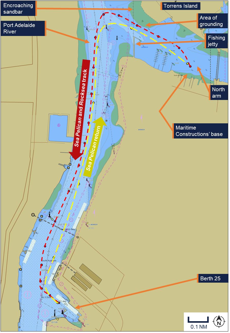 A chart of the area of Adelaide port showing the routes for the tug and barge from the Maritime Constructions base to berth 25. Note the encroaching sandbank top centre.