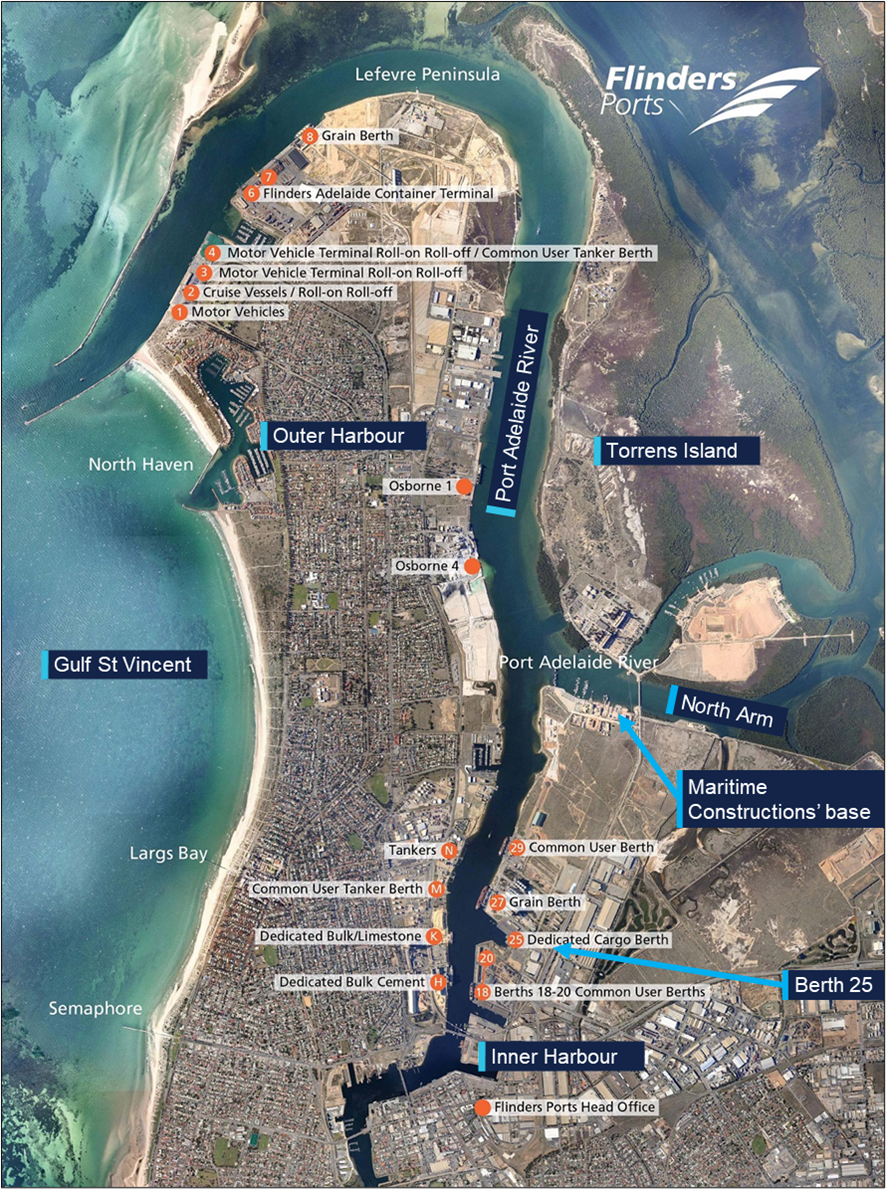 Photograph of the layout of the port of Adelaide, from the Flinders Ports website.