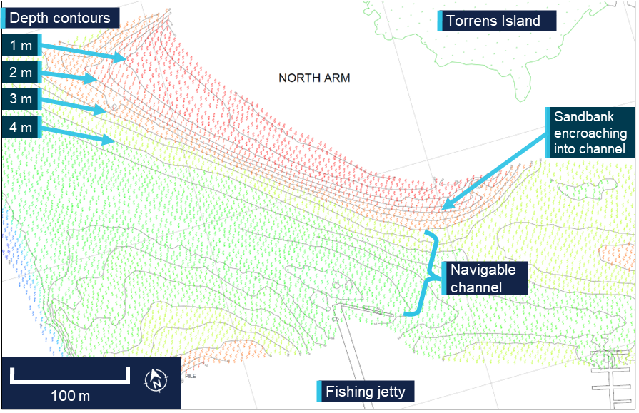 Figure shows the area of North Arm in the vicinity of the Maritime Constructions (MC) base and the bathymetry (water depths) measured by MC in July 2024.