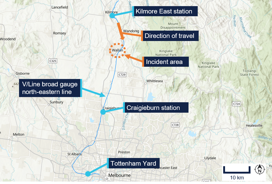 Image of a map detail the location of the occurrence along the rail line between Kilmore East station and Tottenham Yard. 
