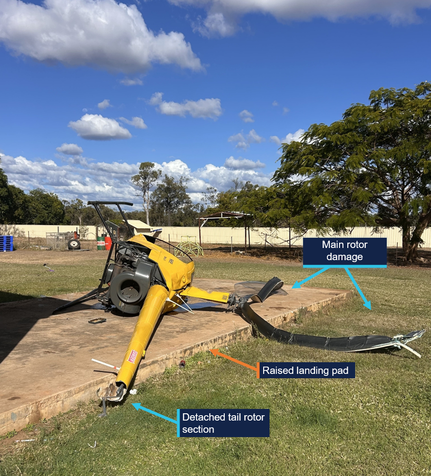 A photograph of the damaged helicopter in the landing location