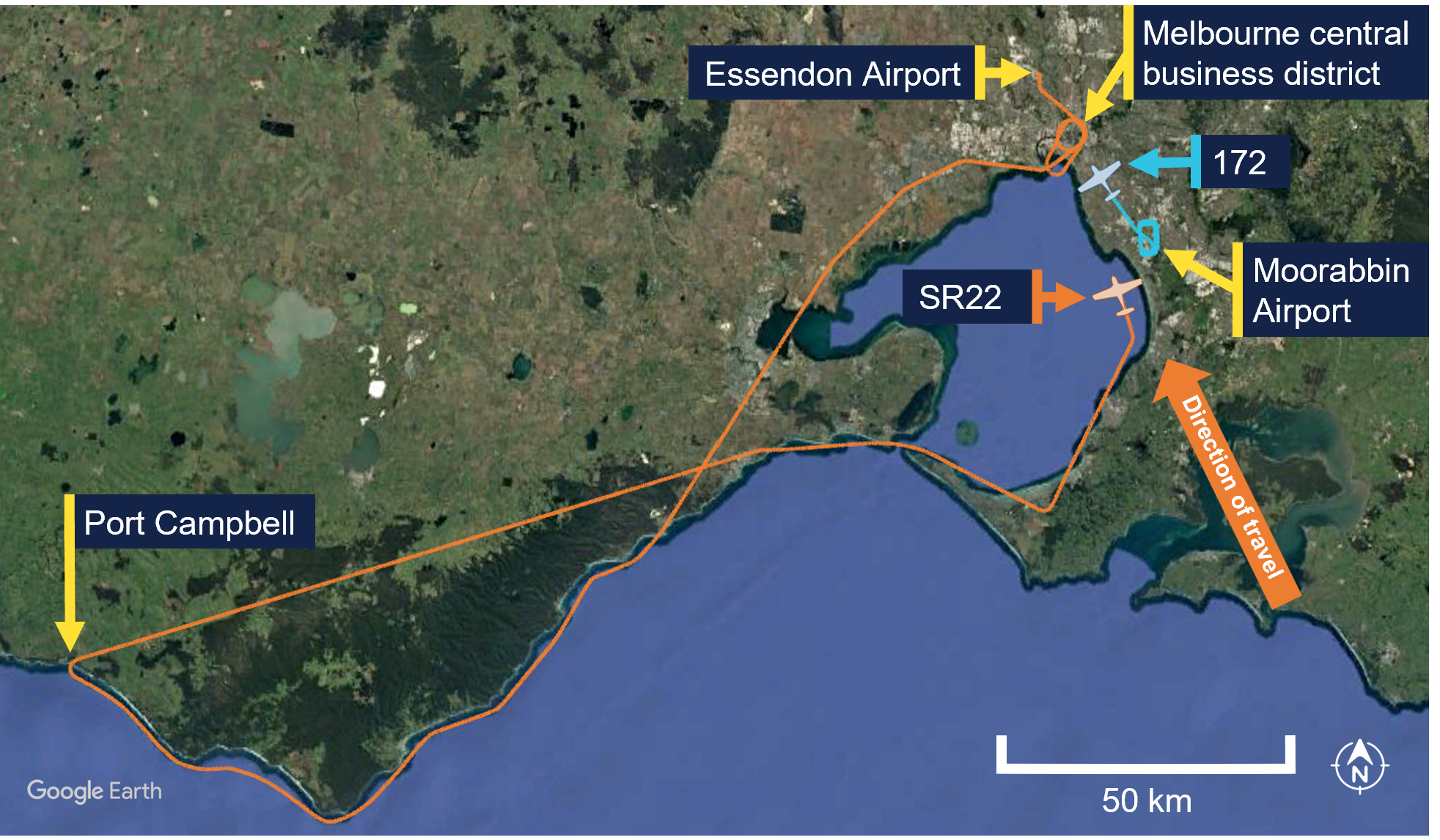 The image depicts the historical flightpaths of the SR22 and the 172 on the evening of the occurrence and the present positions of the aircraft as they were tracking north-north-west toward the Melbourne CBD at 2142:19 local time.