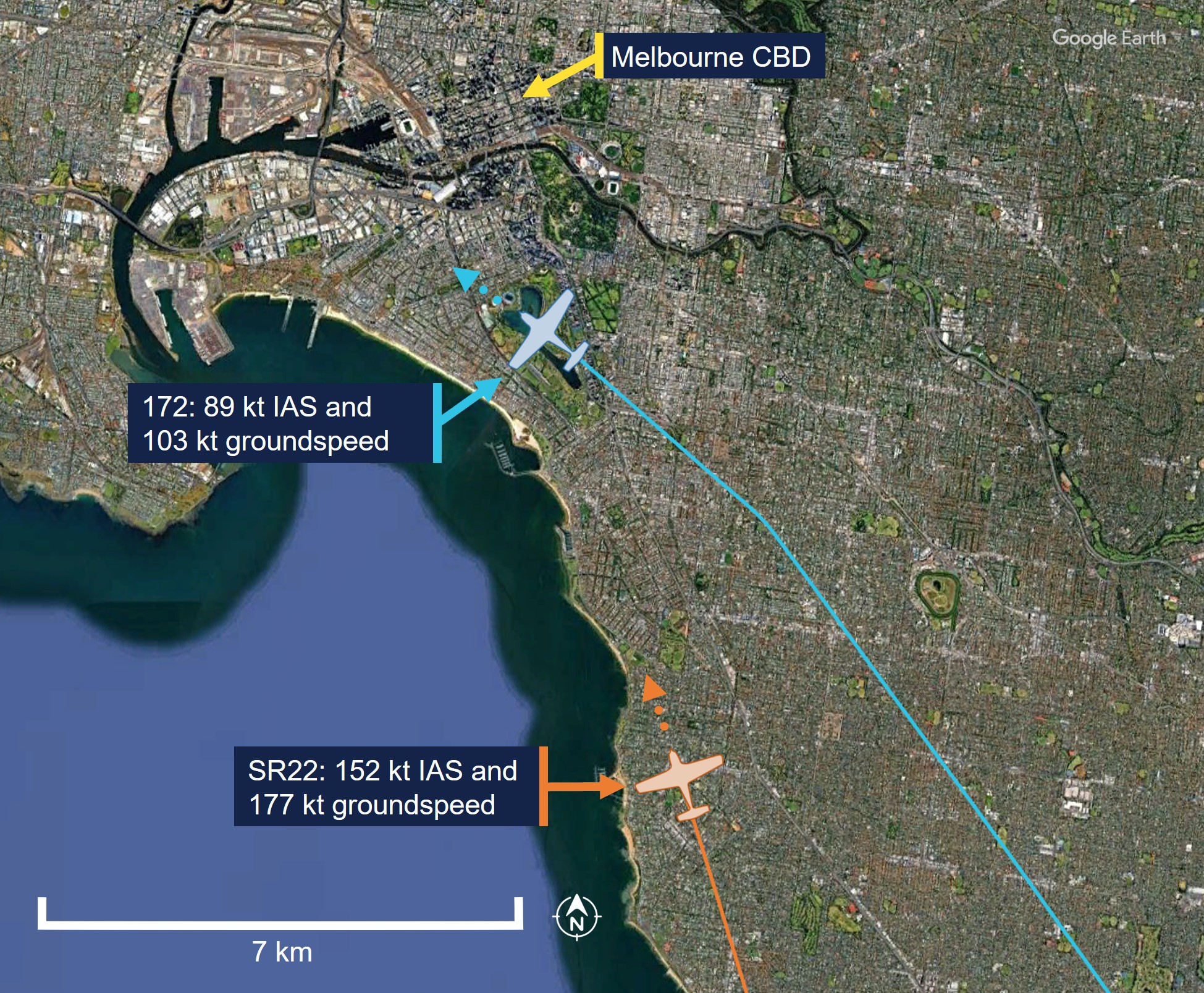 This image depicts the aircraft positions and their recorded groundspeed at 2145:02 local time.