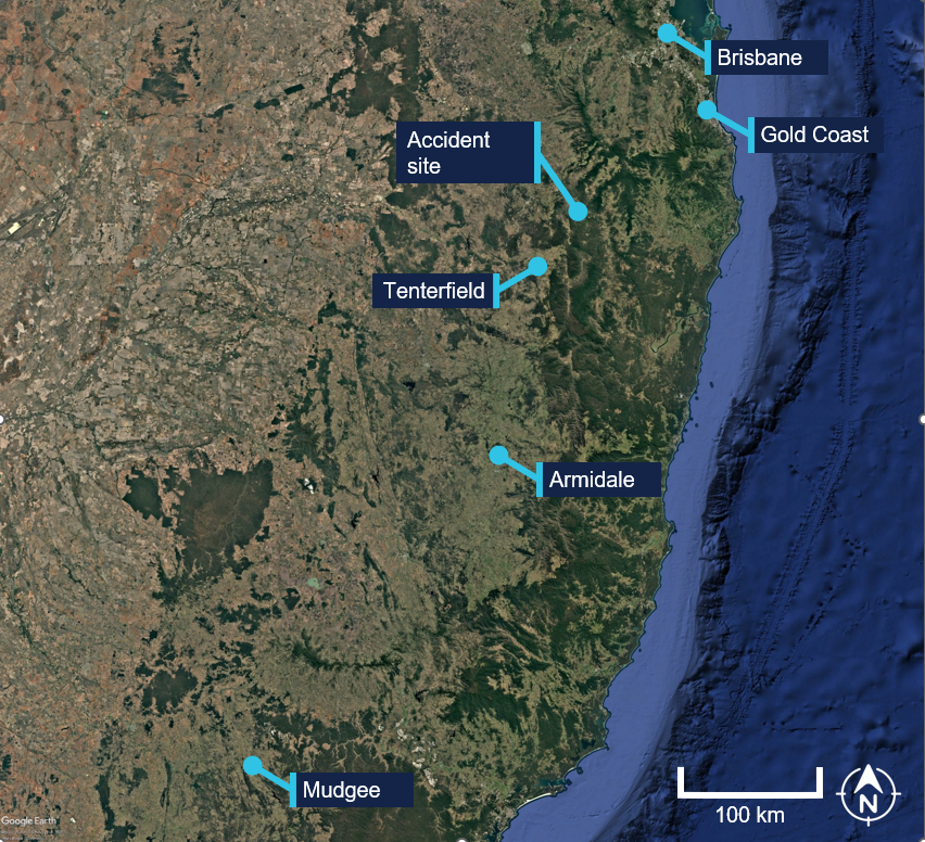 An aerial map with labels identifying the accident site and key locations in the region.